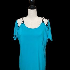 NWOT Michael Kors AquaBlue Chain Shoulder Strap Cold Shoulder Shift Dress Size S